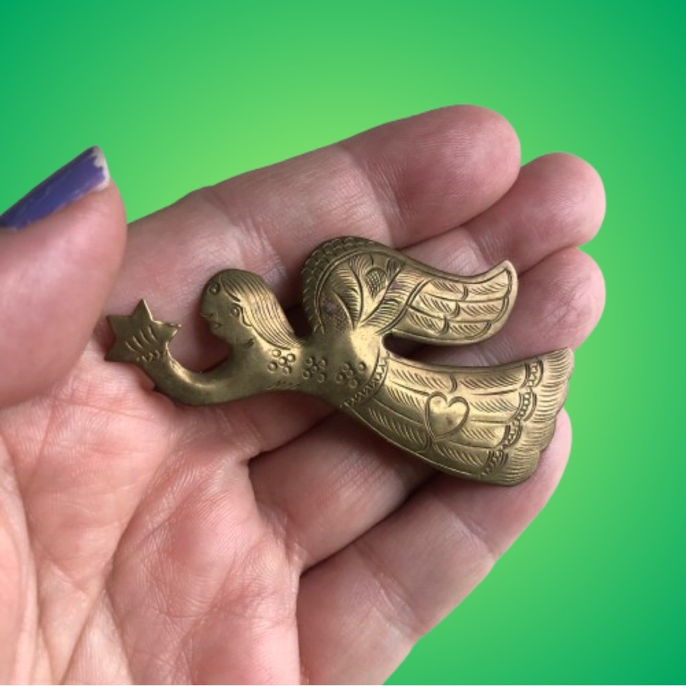 Vintage etched brass angel brooch heart star primitive folk art